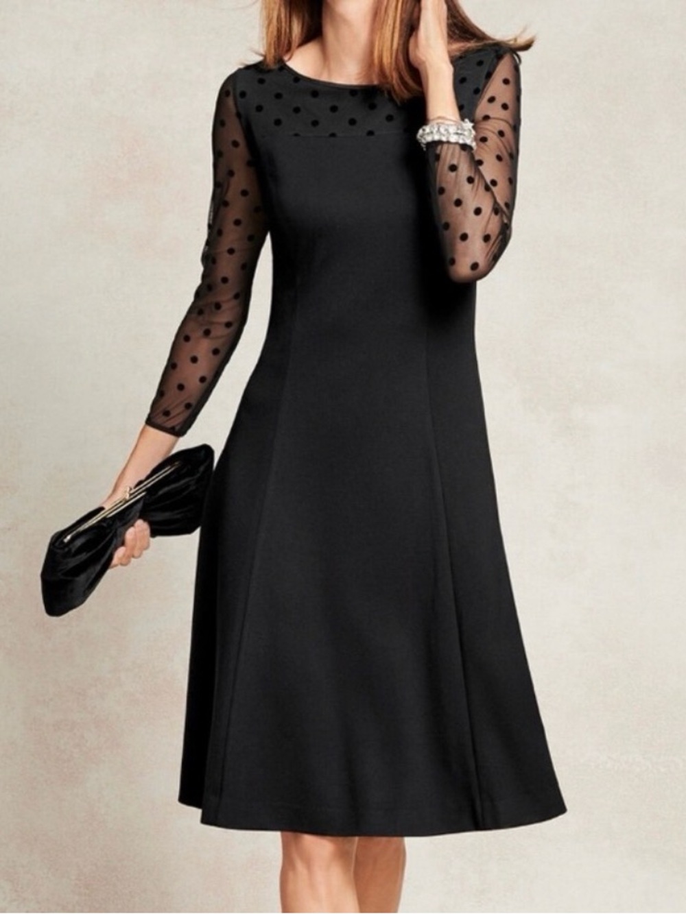Talbots Black Pointe Mesh Dot Sleeve A-Line Dress Size 4